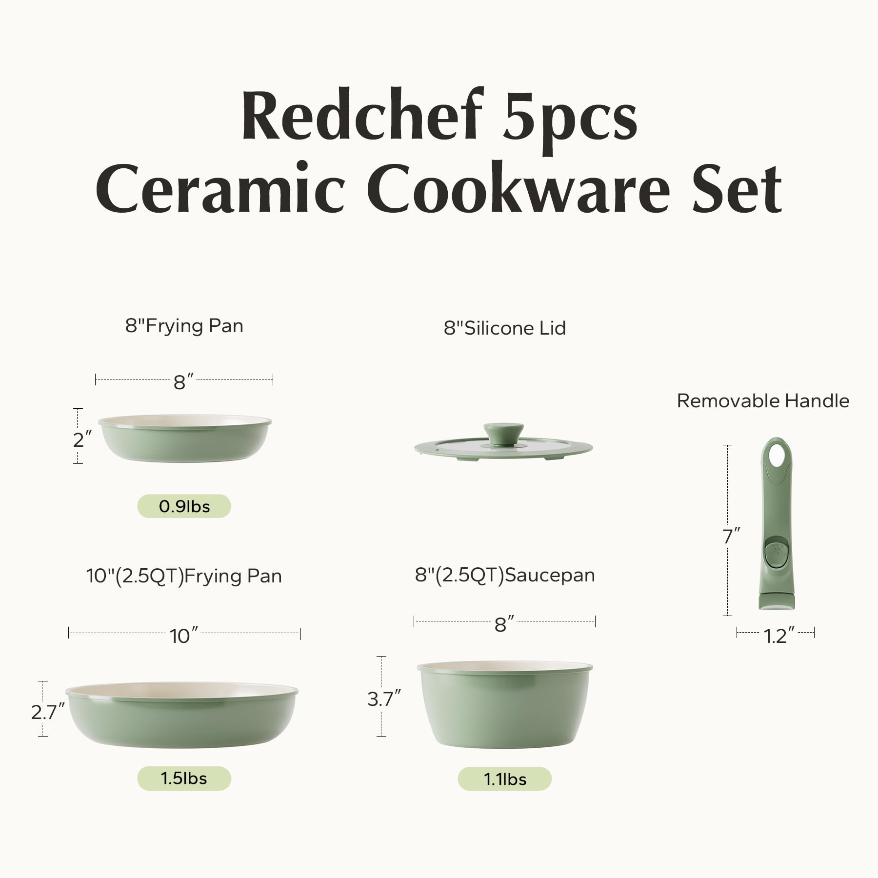 Redchef Ceramic Pots and Pans Set Non Stick, Nonstick Kitchen Cookware Sets, Non Toxic Pots and Pans Set Non Stick, PFAS PFOA & PTFE Free, Detachable Handle Pots and Pans 5 Piece, RV Cookware