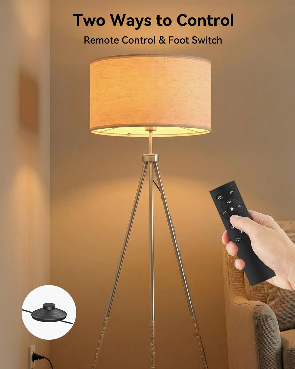 JOOFO Tripod Floor Lamp with Fabric Shade, Crystal-Style Acrylic & Metal Pole Design, Stepless Dimmable Standing Floor Lamp with Remote Control, Mid-Century Style for Living Room Bedroom,Satin Nickel