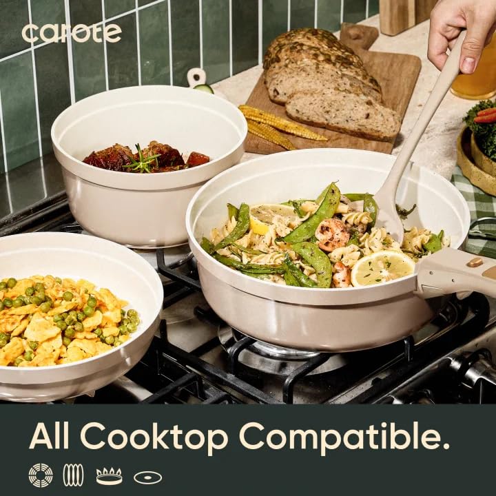 CAROTE 19pcs Pots and Pans Set Non Stick, Nonstick Cookware Set Detachable Handle, Induction Kitchen Cooking Sets with Removable Handle, RV Kitchen, Oven Safe, Taupe