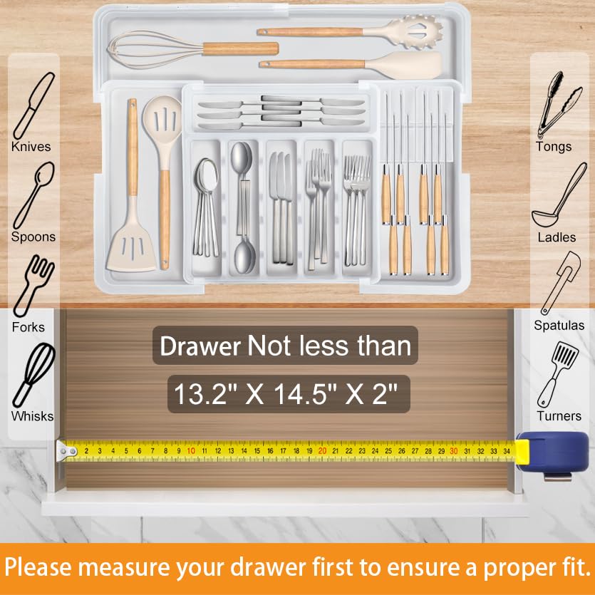 Homecor Silverware Organizer - Expandable Large Kitchen Drawer Organizer Utensil Organizer with 2 Removable Knife Blocks, 22"x 19"Cutlery Tray Drawer Dividers for Kitchen Flatware(6-9 Slots) (Black)