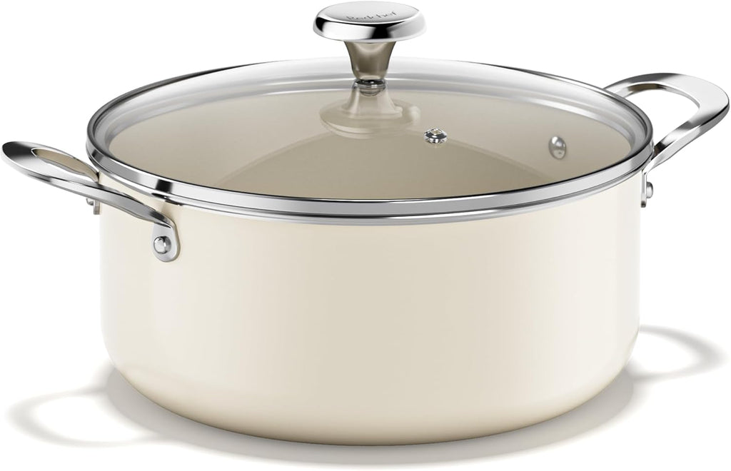 Redchef 5 QT Ceramic Stock Pot with Lid, 3.5QT Small Saucepan Stay-Cool Handles, Compatible All Stovetops, PFAS PFOA & PTFE Free (Beige)