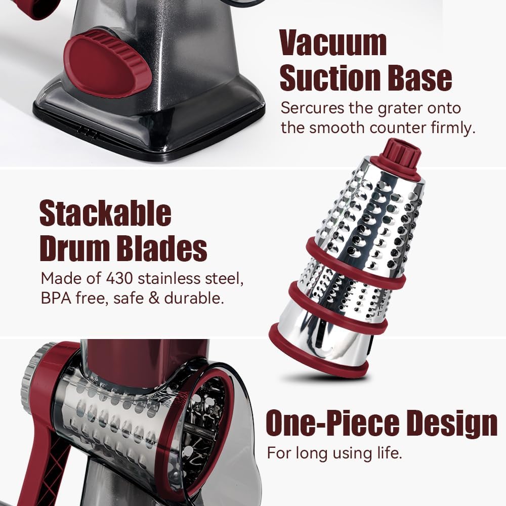 KEOUKE Rotary Cheese Grater Hand Crank Transparent - Shredder Slicer Grinder 3 Stainless Steel Blades, Stable Suction, Labor-Saving Handle, Safe Kitchen Tool for Cheese, Vegetable, Nuts, Chocolate