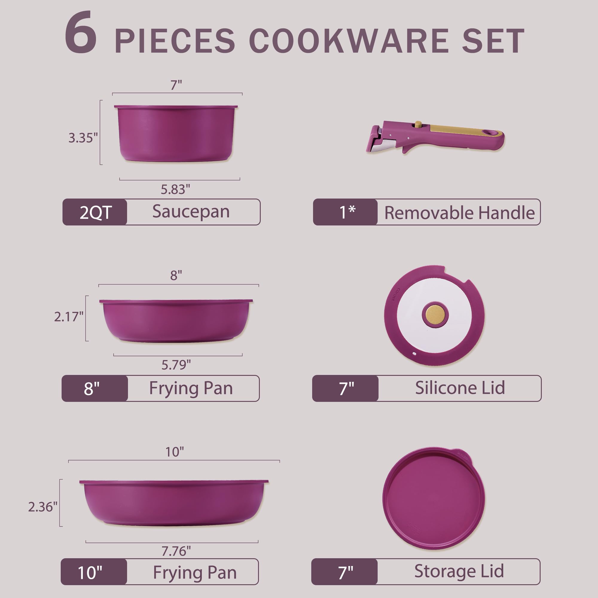 CAROTE 21pcs Pots and Pans Set, Nonstick Cookware Set Detachable Handle, Induction Kitchen Cookware Sets Non Stick with Removable Handle, RV Cookware Set, Gold and Purple