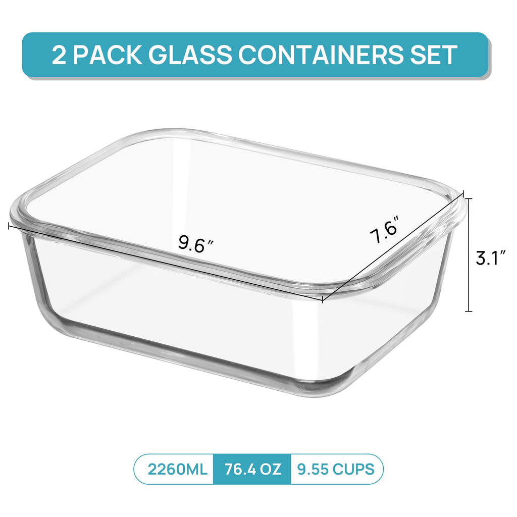 Vtopmart 2Pack 1860ml/63oz Large Glass Storage Containers with Lids, Meal Prep Food Container Set with Snap Airtight Lid for Baking, Microwave, Oven, Leak Proof, for Freezer, Dishwasher, Grey