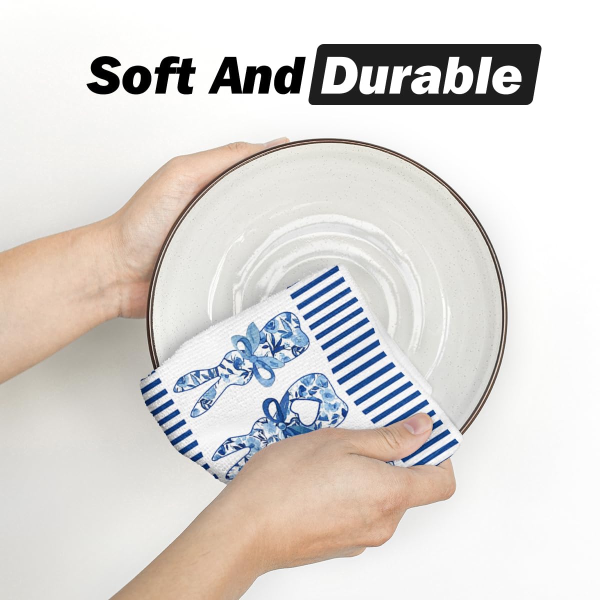 Artoid Mode Stripe Rabbit Bunny Eggs Easter Kitchen Towels Dish Towels, 18x26 Inch Spring Decoration Hand Towels Set of 2