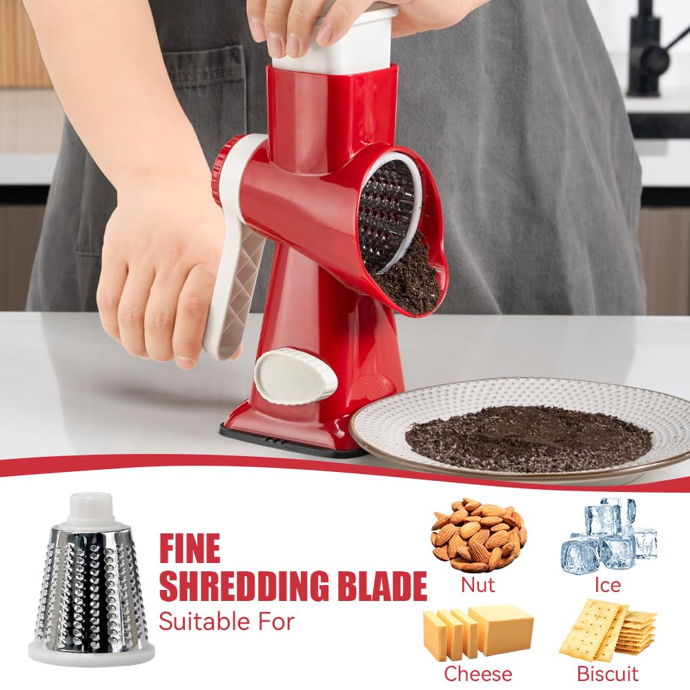 KEOUKE Rotary Cheese Grater Hand Crank Transparent - Shredder Slicer Grinder 3 Stainless Steel Blades, Stable Suction, Labor-Saving Handle, Safe Kitchen Tool for Cheese, Vegetable, Nuts, Chocolate