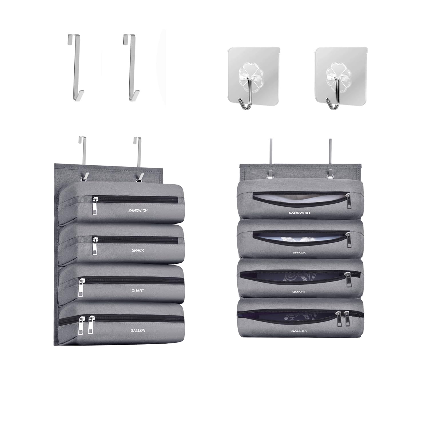 Zipper Bag Organizer Compatible with Gallon, Quart, Sandwich & Snack Food Storage Bag, Kitchen Plastic Bag Storage Organizer for Kitchen RV Camper (Grey)