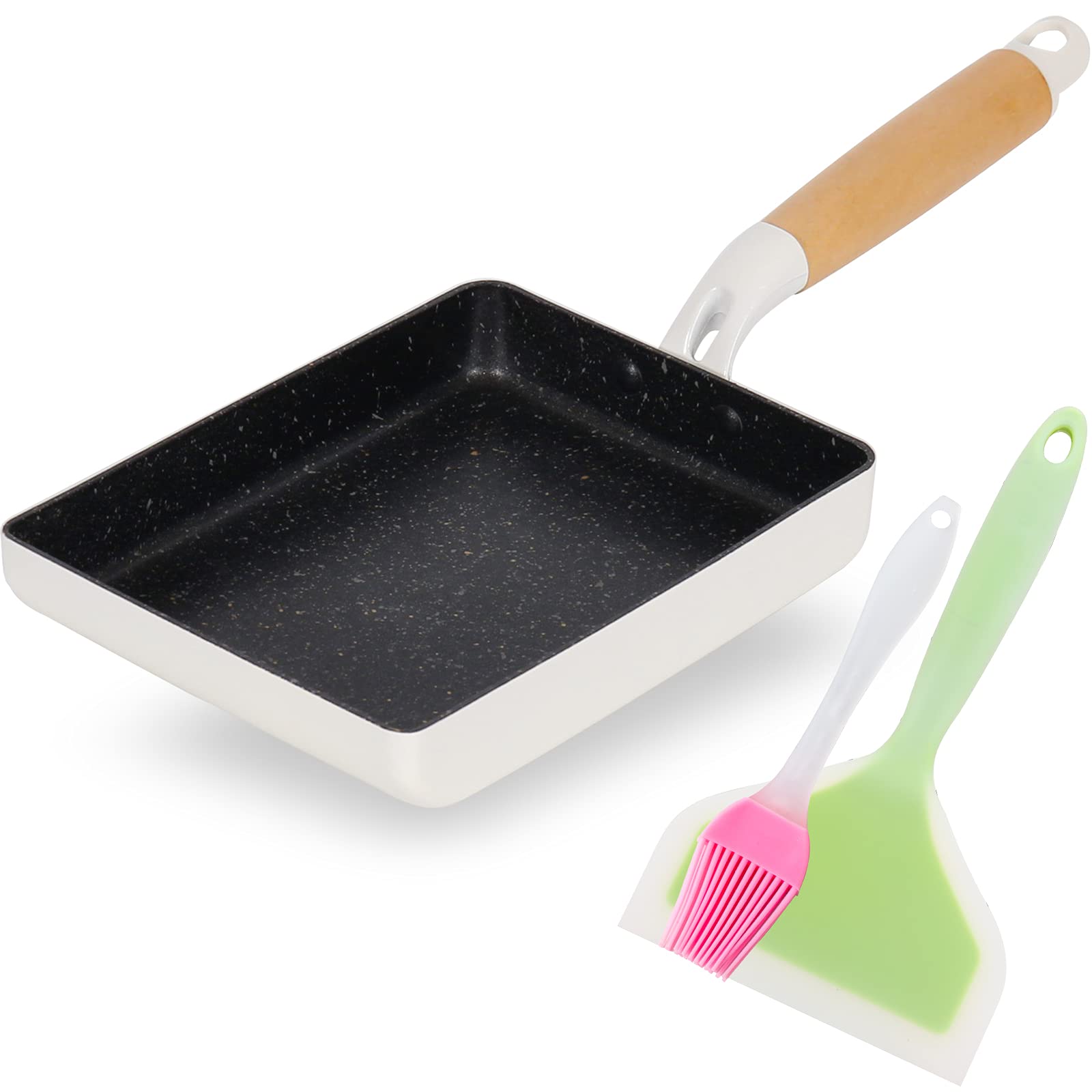 ROCKURWOK Nonstick Tamagoyaki pan, Japanese Omelette pan, Non-stick Egg Roll Pans, Retangle Tamago Pan, Small Frying pan with Silicone Spatula Brush, 7” x 5” White