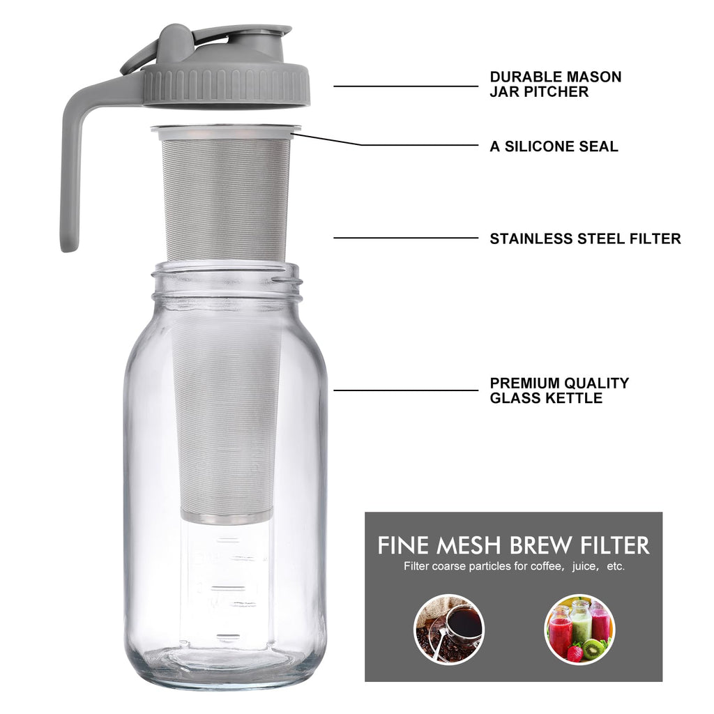 Cold Brew Mason Jar iced Coffee Maker, Durable Glass, - 64 oz (2 Quart / 1.9 Liter), With Handle& Stainless Steel Filter for Iced Brew Coffee, Lemonade, Ice Tea, Homemade Fruit Drinks Container