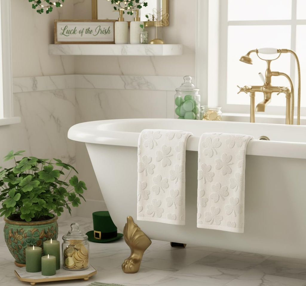 Artoid Mode 2 Pcs Dark Green 3D Shamrock Jacquard Patrick Hand Towels for Bathroom, 100% Cotton Soft Absorbent Bathroom Decor Towels, 13.7 x 29.5 Inch