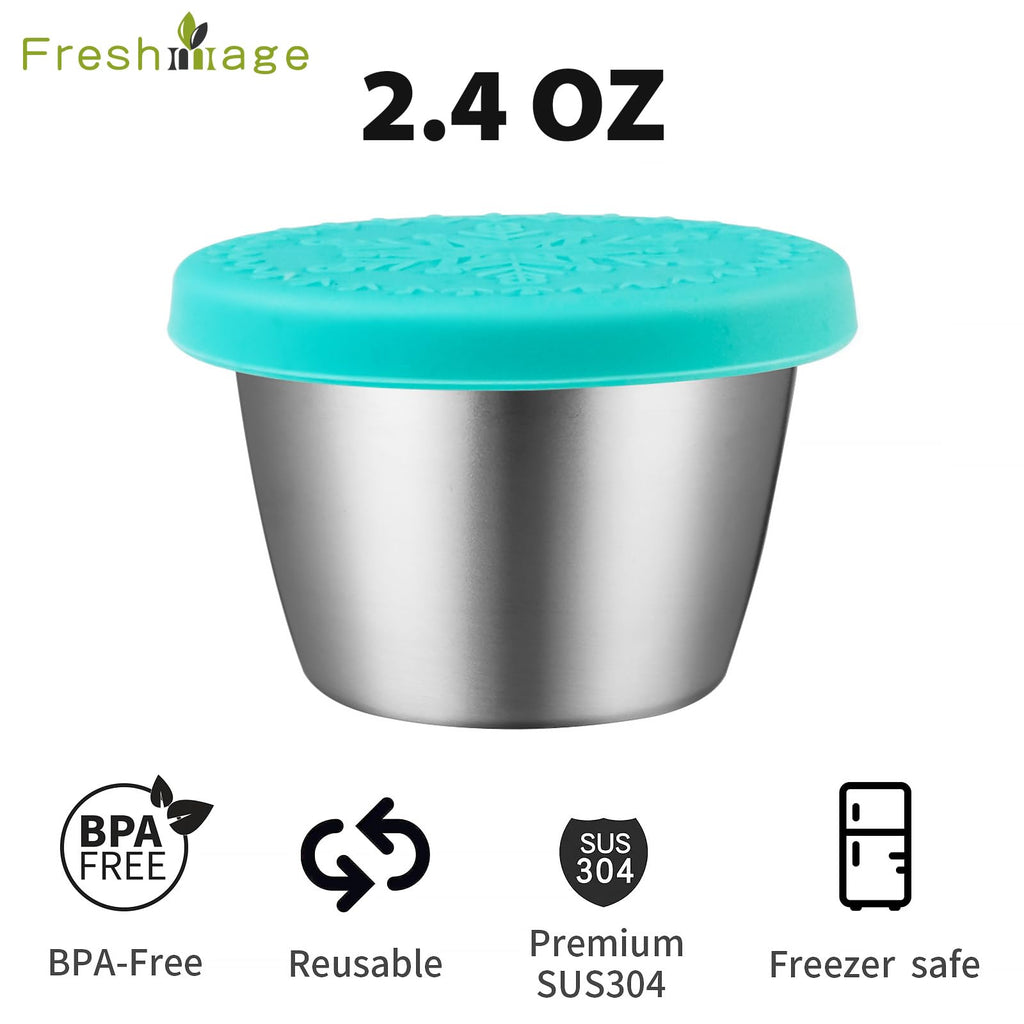 Freshmage [6 Pack 2.4oz] Stainless Steel Dressing Container with Silicone Lids, Reusable Leakproof Condiment Containers Small Sauce Container Sets