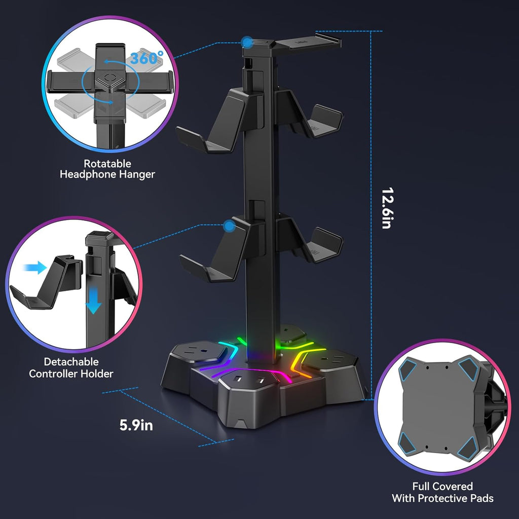 KDD Gaming RGB Headphones Stand & RGB Headphone Stand with USB Charger - Rotatable Headset Stand with 9 Light Modes - Headphone Holder with 2 USB Charging Ports and 3 AC Outlets