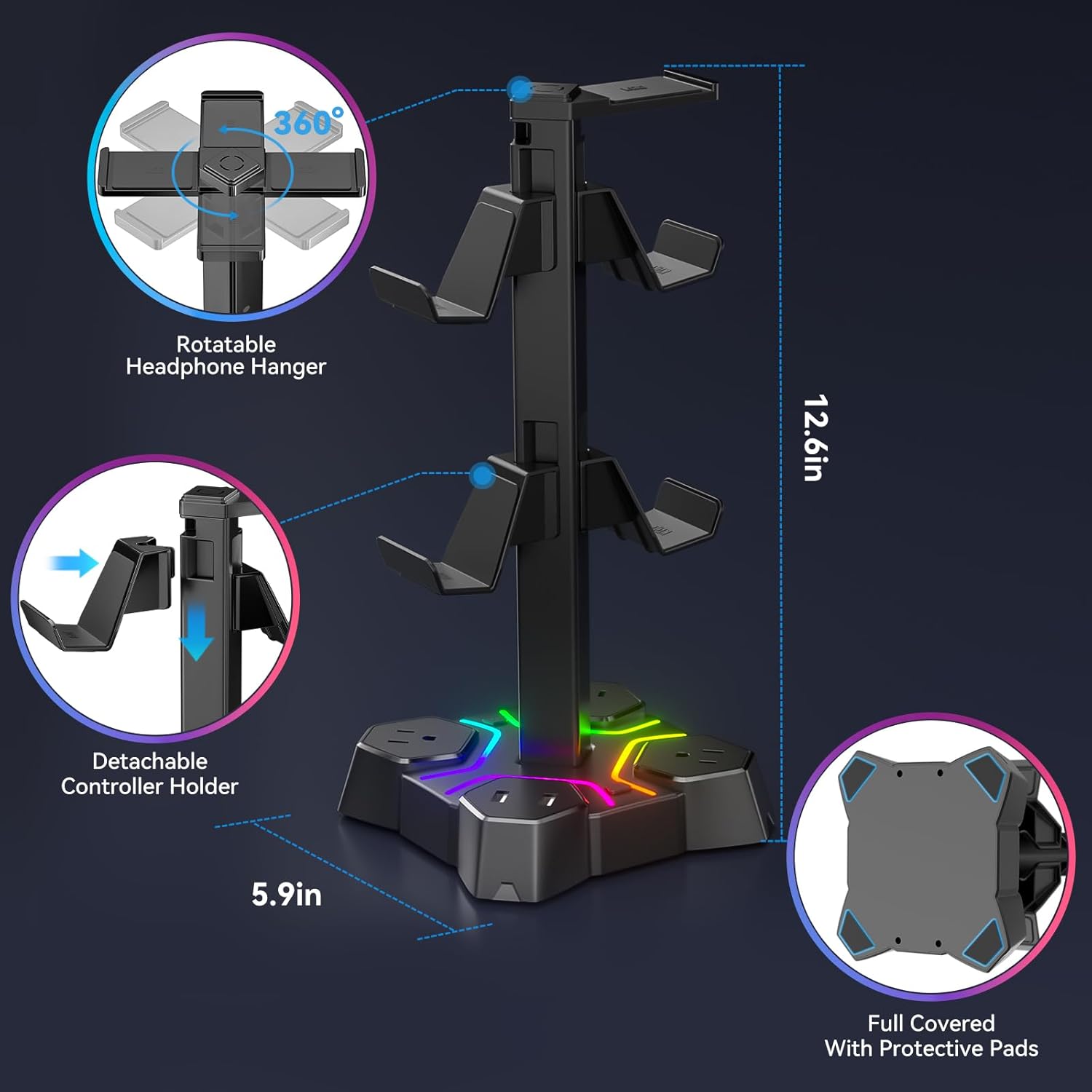 KDD Gaming RGB Headphones Stand & RGB Headphone Stand with USB Charger - Rotatable Headset Stand with 9 Light Modes - Headphone Holder with 2 USB Charging Ports and 3 AC Outlets