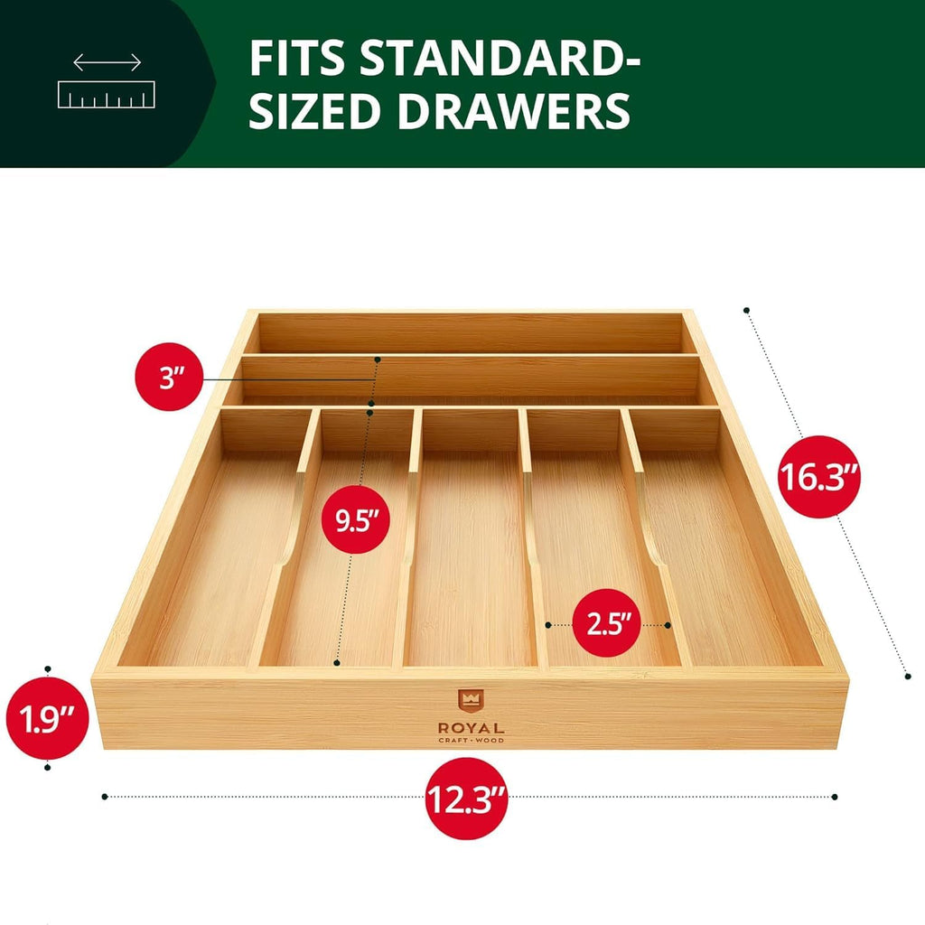 ROYAL CRAFT WOOD Luxury Bamboo Kitchen Drawer Organizer - Silverware Organizer - Utensil Holder and Cutlery Tray with Grooved Drawer Dividers for Flatware and Kitchen Utensils