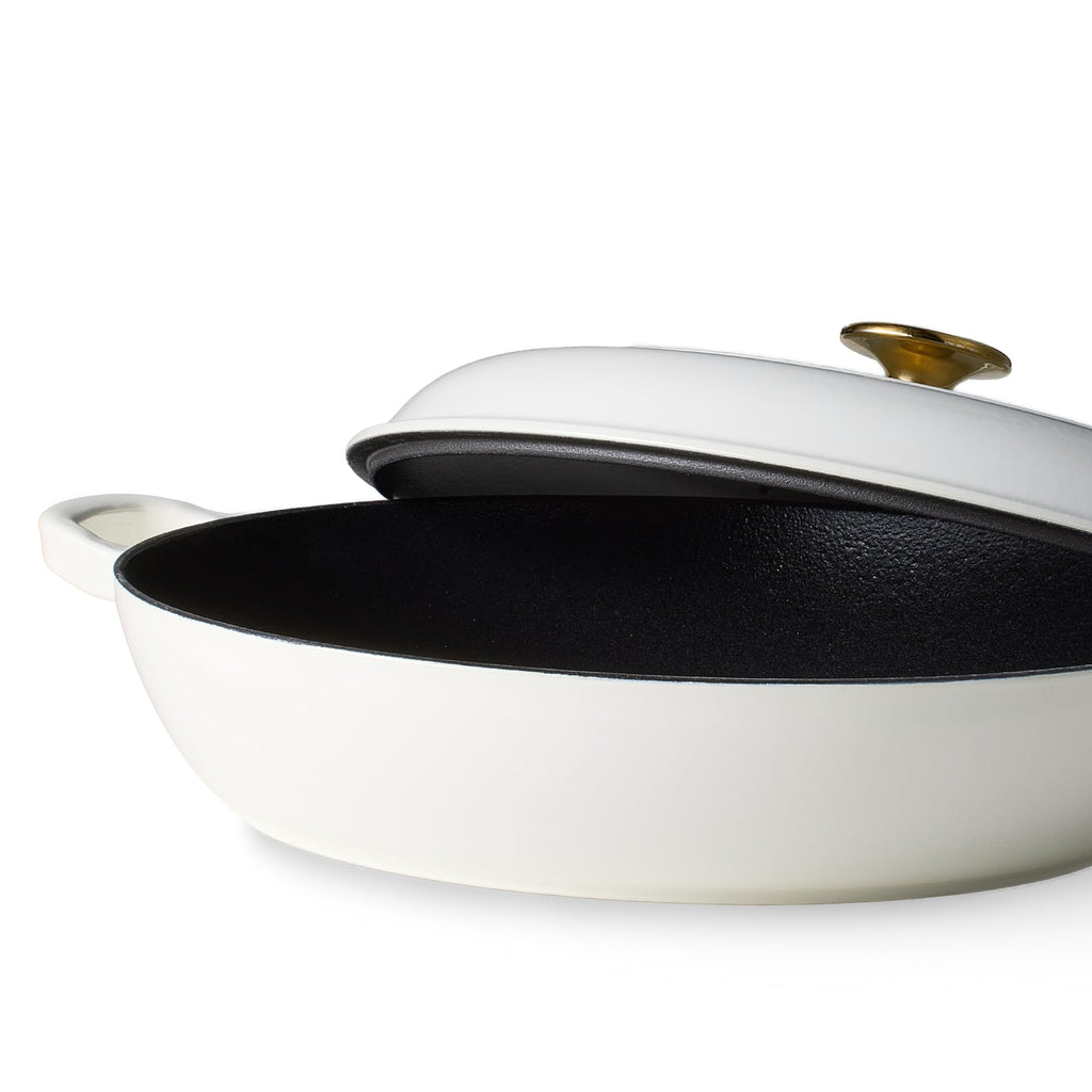 CAROTE 3.4QT Enameled Cast Iron Braiser Pan, Shallow Dutch Oven Casserole Skillets, Non-Toxic Cast Iron Pot with Lid for Grilling, Searing, Baking, Dual Handles, All Stovetop Compatible, White