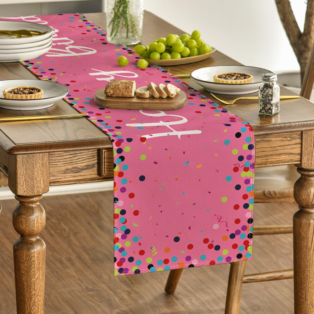 Artoid Mode Polka Dot Beige Happy Birthday Table Runner, Seasonal Kitchen Dining Table Decoration for Home Party Decor 13x72 Inch