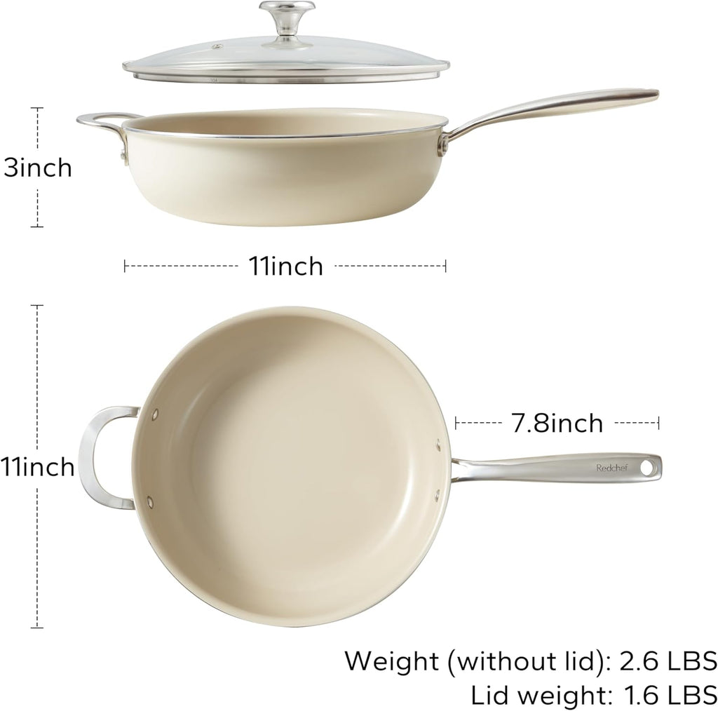 Redchef 5 QT Ceramic Stock Pot with Lid, 5QT Ceramic Saute Pan Stay-Cool Handles, Dishwasher & Oven Safe, PFAS PFOA & PTFE Free (Beige)