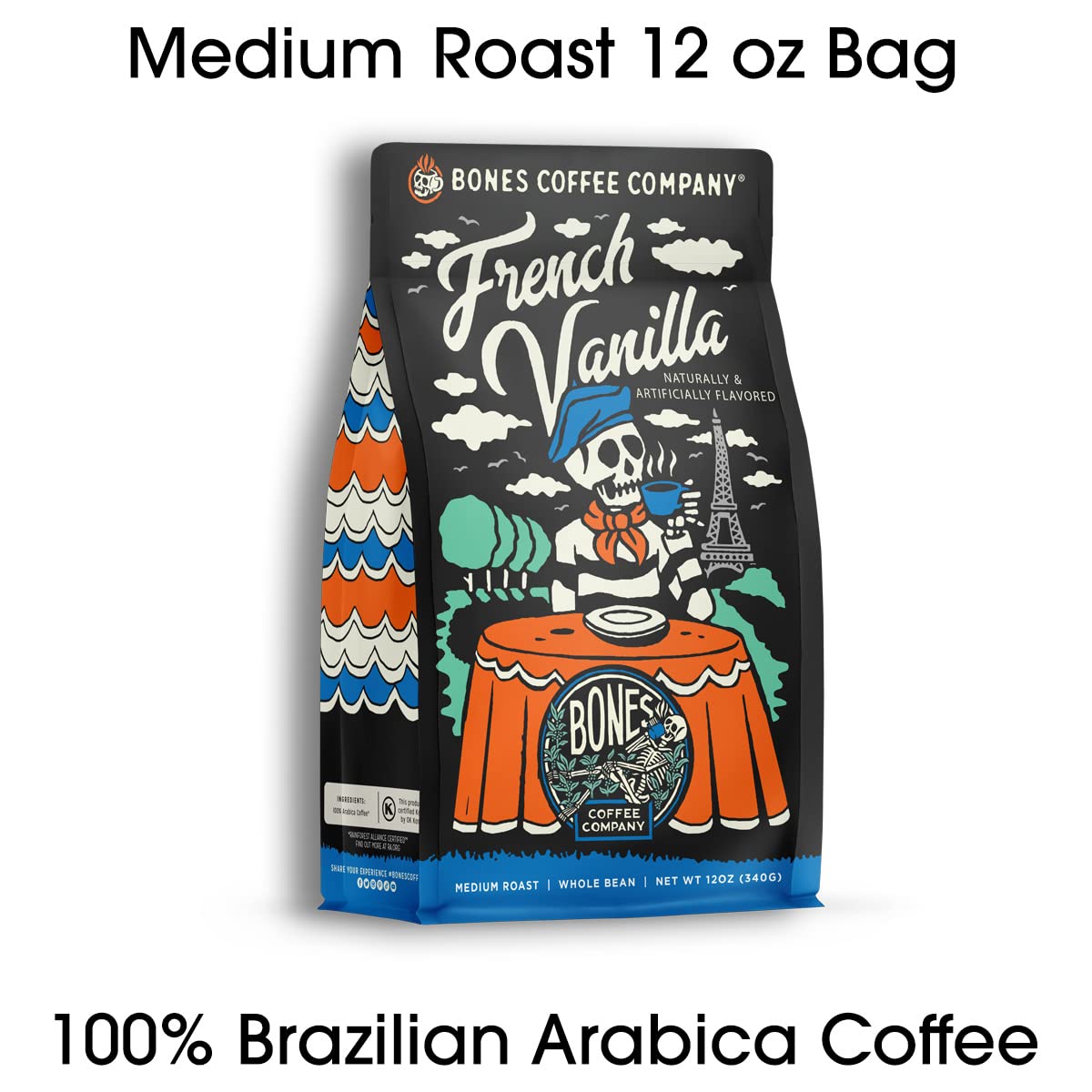 Bones Coffee Company Cinnamon Roll Flavored Coffee, Medium Roast Low Acid Arabica Beans Compatible with Auto drip and French Press Coffee Maker, 12 Oz Whole Bean