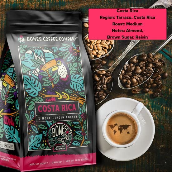 Bones Coffee Company Ethiopia Single-Origin, Citrus, Floral and Berries Notes, Whole Coffee Beans, Low Acid Medium Roast Arabica Beans Flavored Coffee, 12 oz Whole Bean