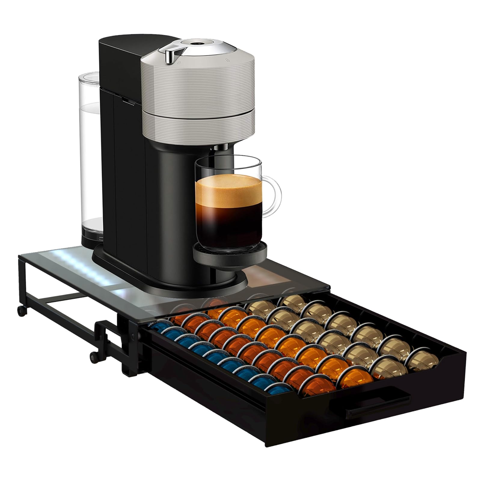 Vertuo Pod Holder Drawer with Deluxe Black Tempered Glass Top, Compatible for Nespresso VertuoLine Pods, Holds up to 75 Small or 50 Big Vertuo Pods Compact Design (Piano Black Nespresso Pods Holder)