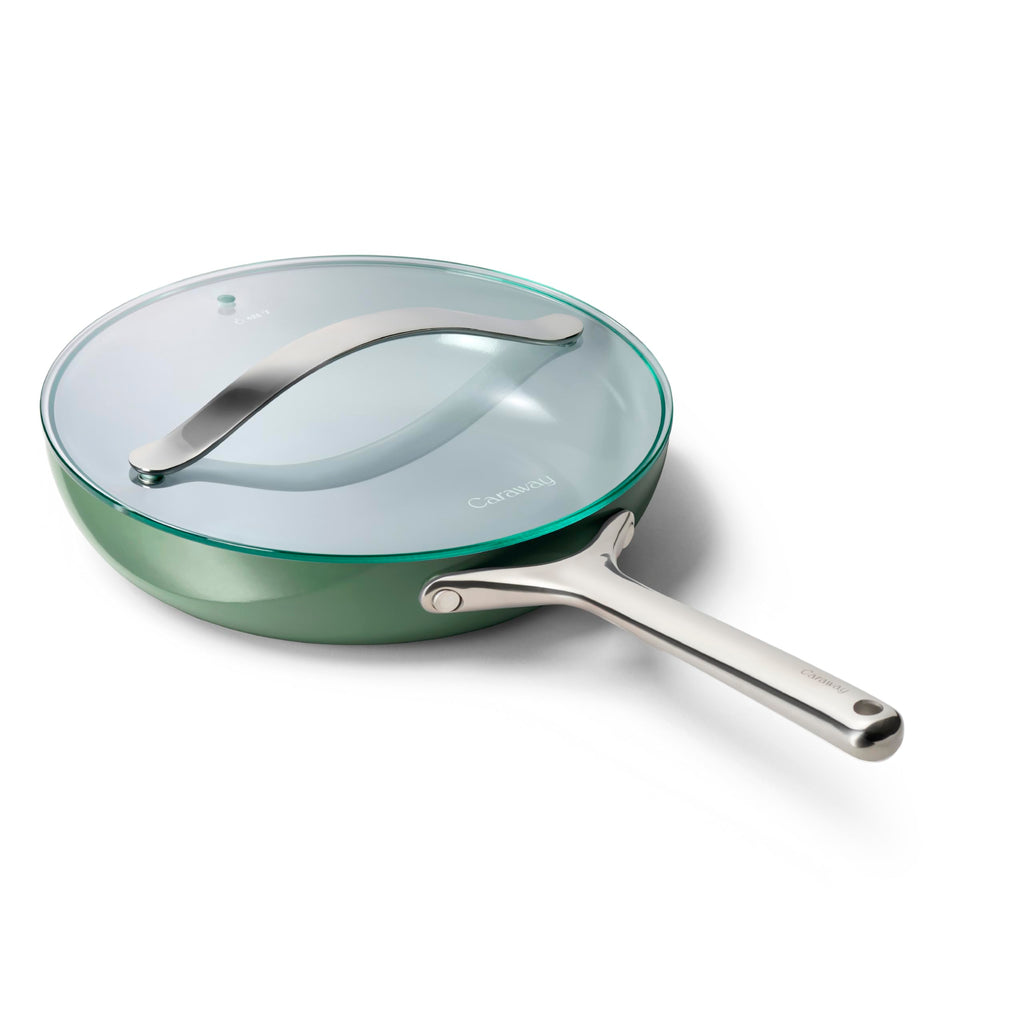 Caraway Nonstick Ceramic Frying Pan With Glass Lid (2.7 qt, 10.5") - Non Toxic, PTFE & PFOA Free - Oven Safe & Compatible with All Stovetops (Gas, Electric & Induction) - Cream