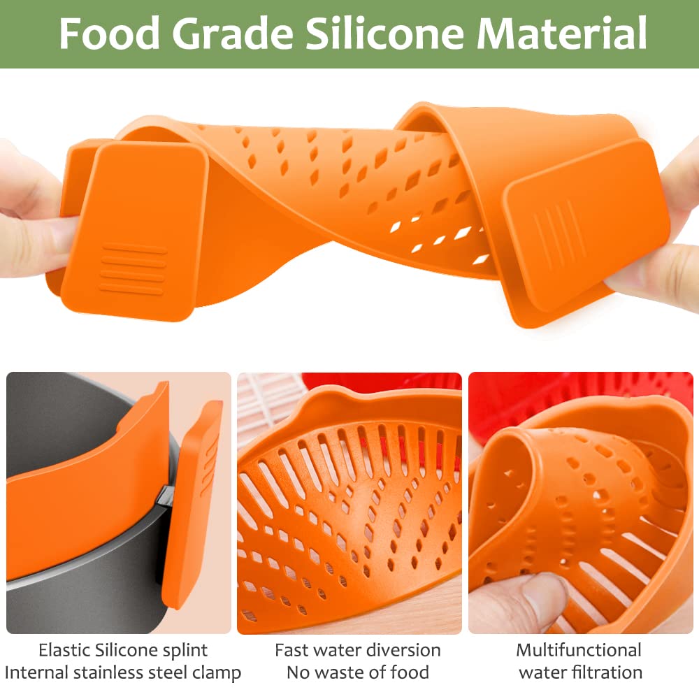 YEVIOR Clip on Strainer for Pots Pan Pasta,Silicone Food Pan Strainer | Food-grade BPA-free,Kitchen Food Strainer for Spaghetti, Pasta,Vegetable Fruits Fits All Bowls and Pots (Green)