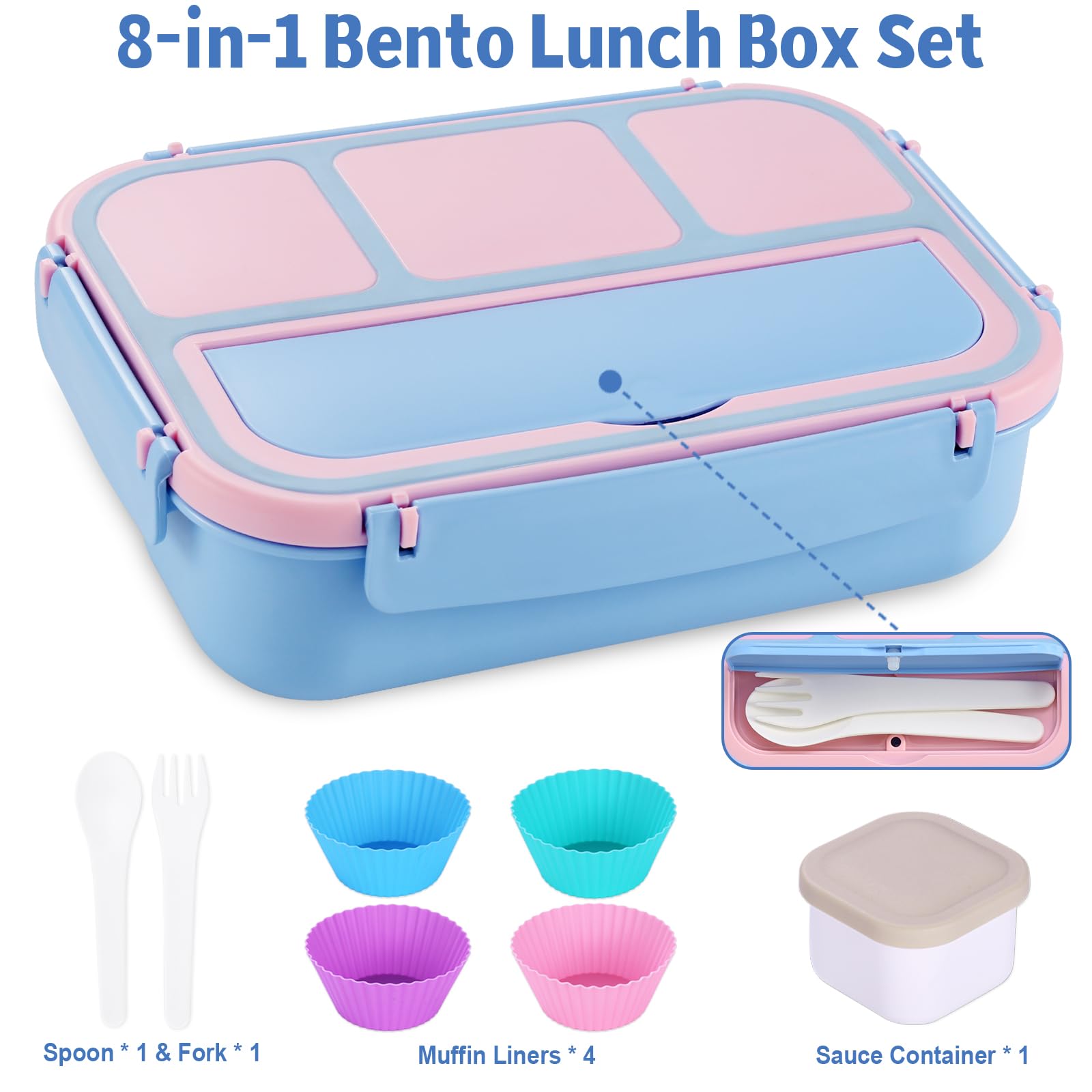 Bento Box Adult Lunch Box, Containers for Adults Men Women with 4 Compartments, Lunchable Food Container with Utensils, Sauce Jar, Muffin Liners, 40 Oz/5 Cup, Microwave & Dishwasher Safe, Brown
