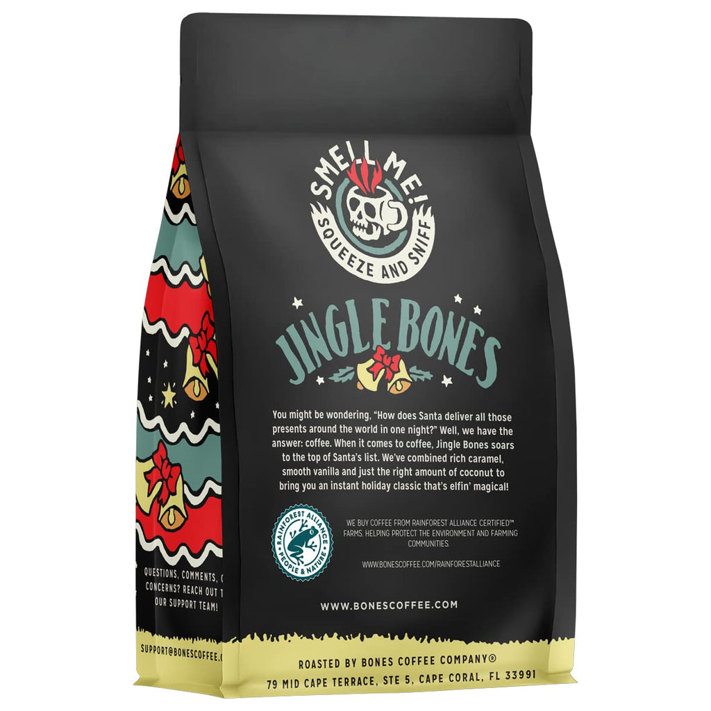 Bones Coffee Company Cinnamon Roll Flavored Coffee, Medium Roast Low Acid Arabica Beans Compatible with Auto drip and French Press Coffee Maker, 12 Oz Whole Bean