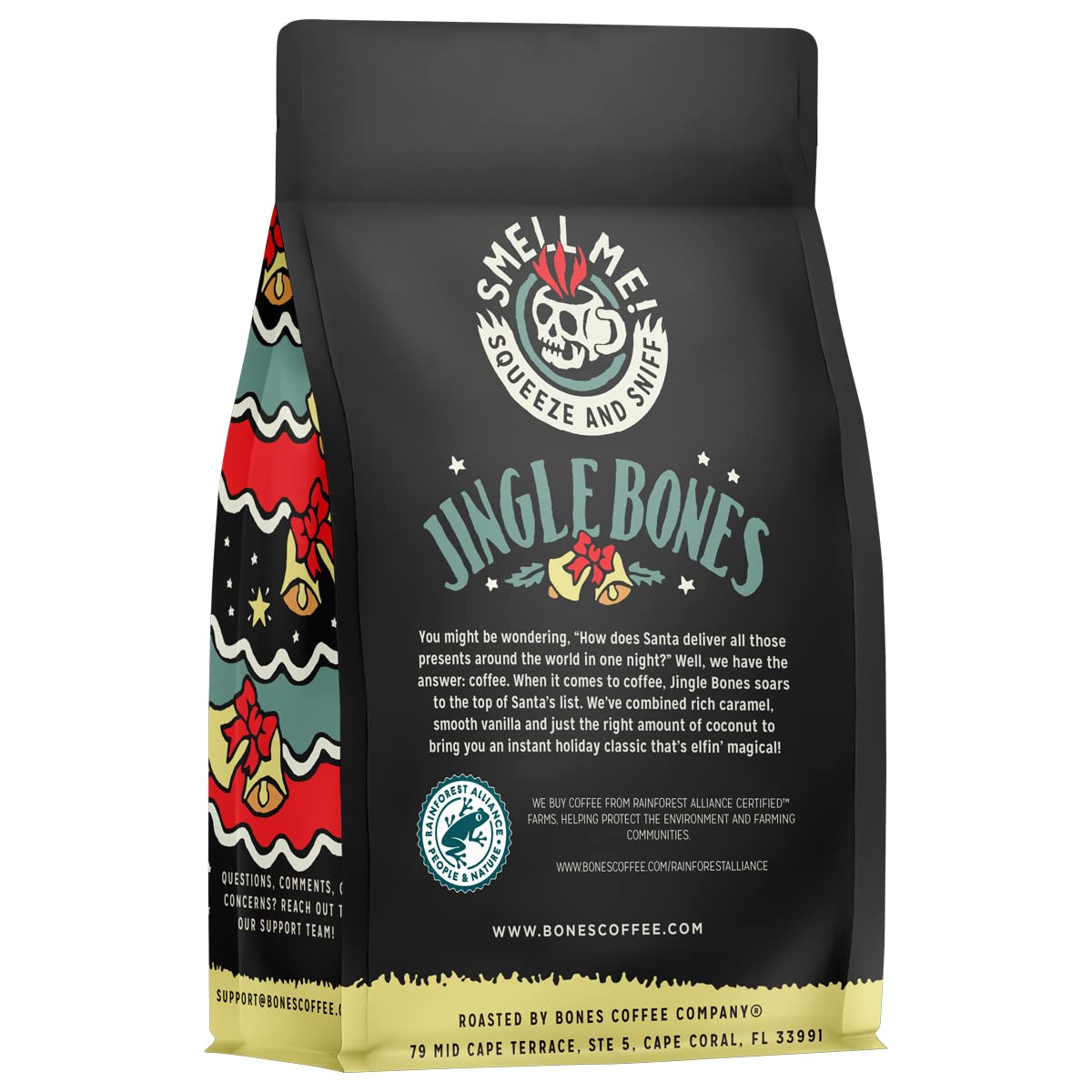 Bones Coffee Company Cinnamon Roll Flavored Coffee, Medium Roast Low Acid Arabica Beans Compatible with Auto drip and French Press Coffee Maker, 12 Oz Whole Bean