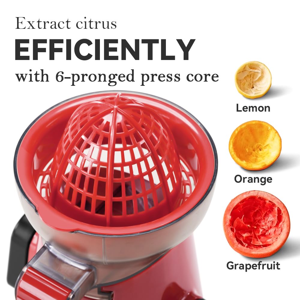 KEOUKE Manual Citrus Juicer Tower Red - Detachable with Juice Storage, Non-Slip Suction Base, Easy to Clean, Includes Cleaning Brush - for Oranges, Lemons, Limes, Grapefruits