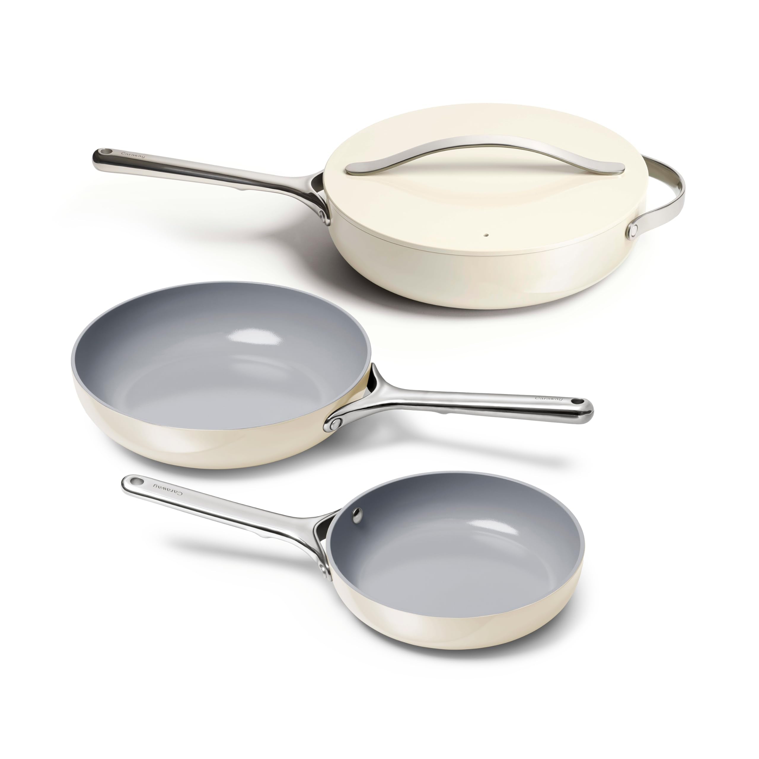 Caraway 4-Piece Fry Pan Set - Non-Stick Frying Pans (10.5” & 8”) & Non-Stick Sauté Pan - Non Toxic, PTFE & PFOA Free - Oven Safe & Compatible with All Stovetops (Gas, Electric & Induction) - Cream