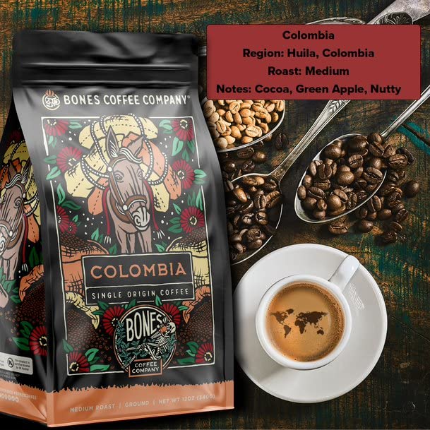 Bones Coffee Company Ethiopia Single-Origin, Citrus, Floral and Berries Notes, Whole Coffee Beans, Low Acid Medium Roast Arabica Beans Flavored Coffee, 12 oz Whole Bean