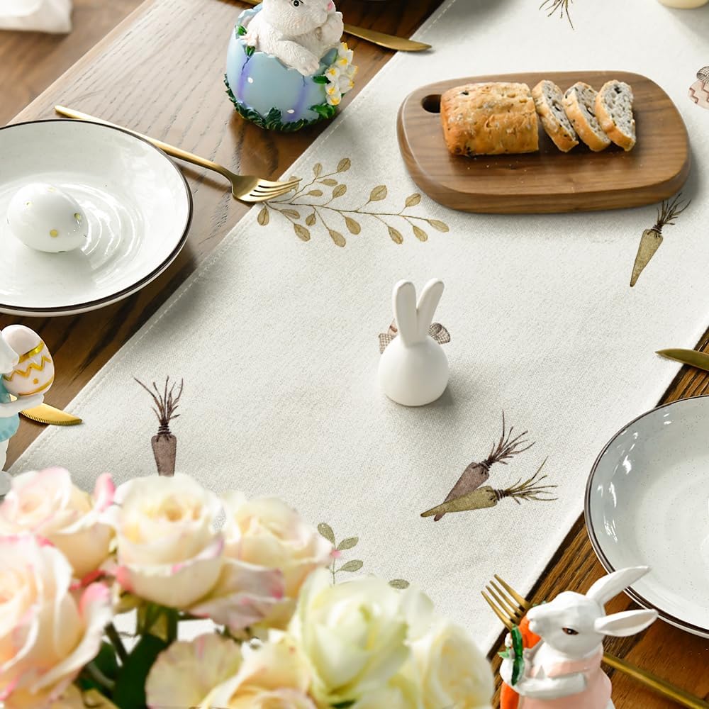 Artoid Mode Carrots Rabbit Bunny Happy Easter Table Runner, Spring Summer Seasonal Holiday Kitchen Dining Table Decoration for Indoor Outdoor Home Party Decor 13 x 72 Inch