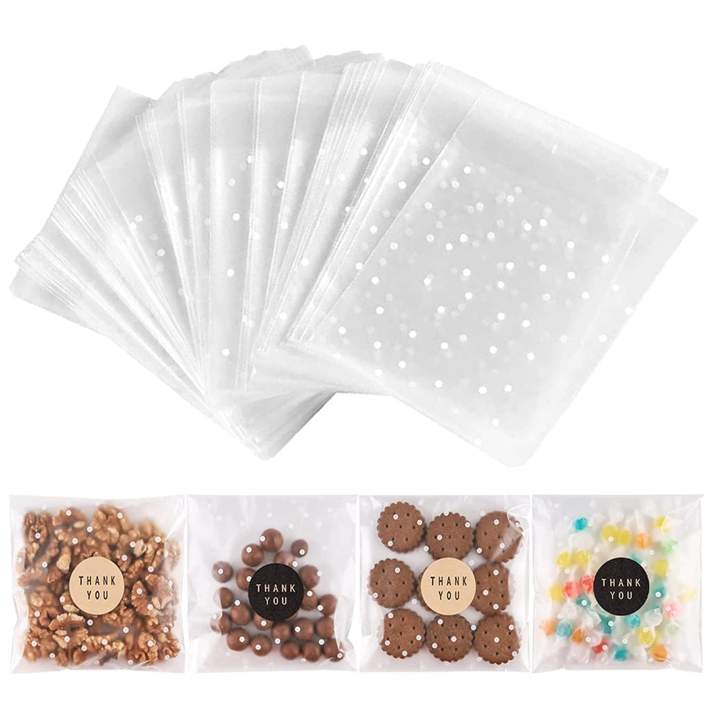 100PACK Self Sealing Cellophane Bags Clear Cookie Treat Bags Thank You for Gift Giving Candy with Stickers(White Polka Dot, 4x4 INCH)