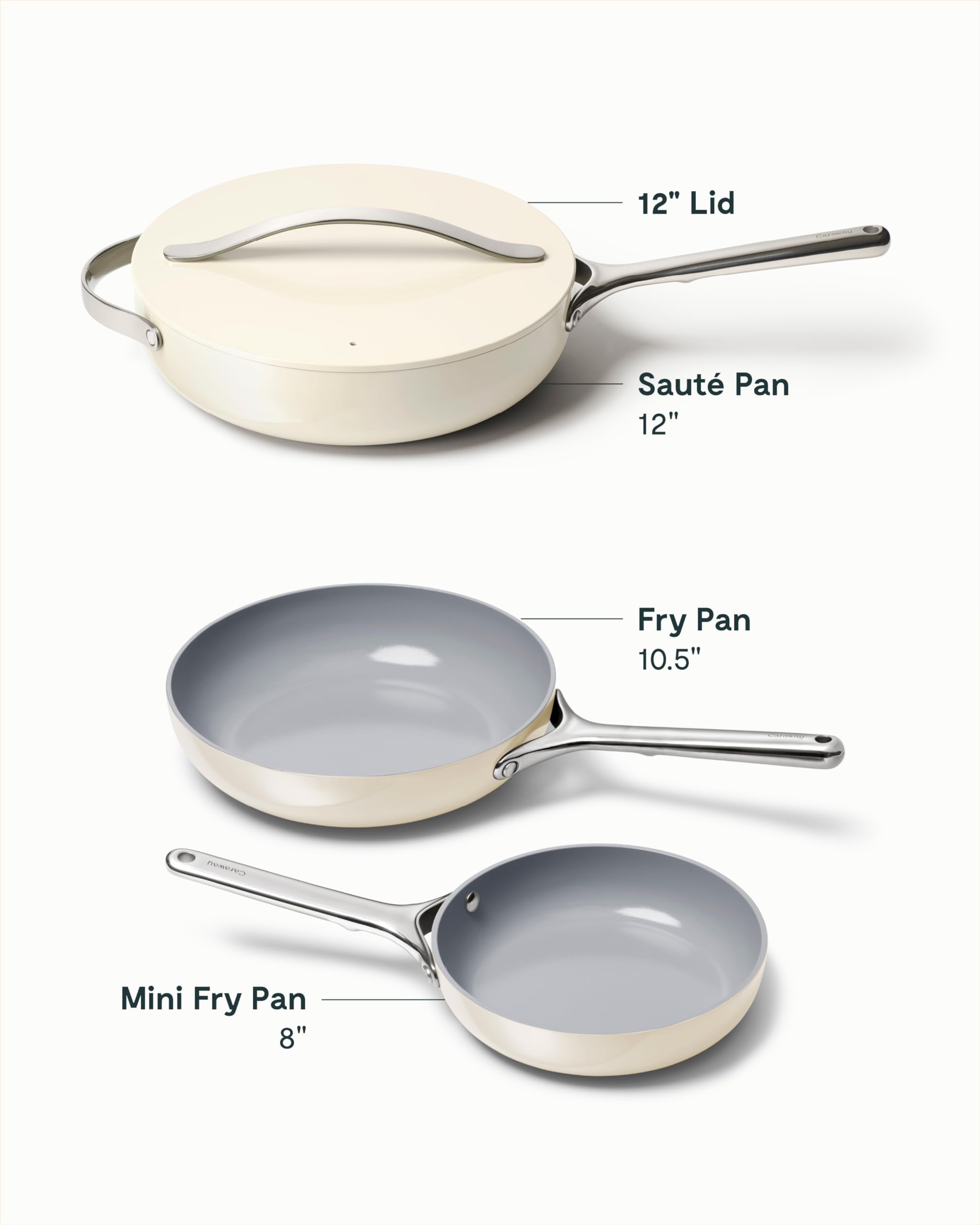 Caraway 4-Piece Fry Pan Set - Non-Stick Frying Pans (10.5” & 8”) & Non-Stick Sauté Pan - Non Toxic, PTFE & PFOA Free - Oven Safe & Compatible with All Stovetops (Gas, Electric & Induction) - Cream
