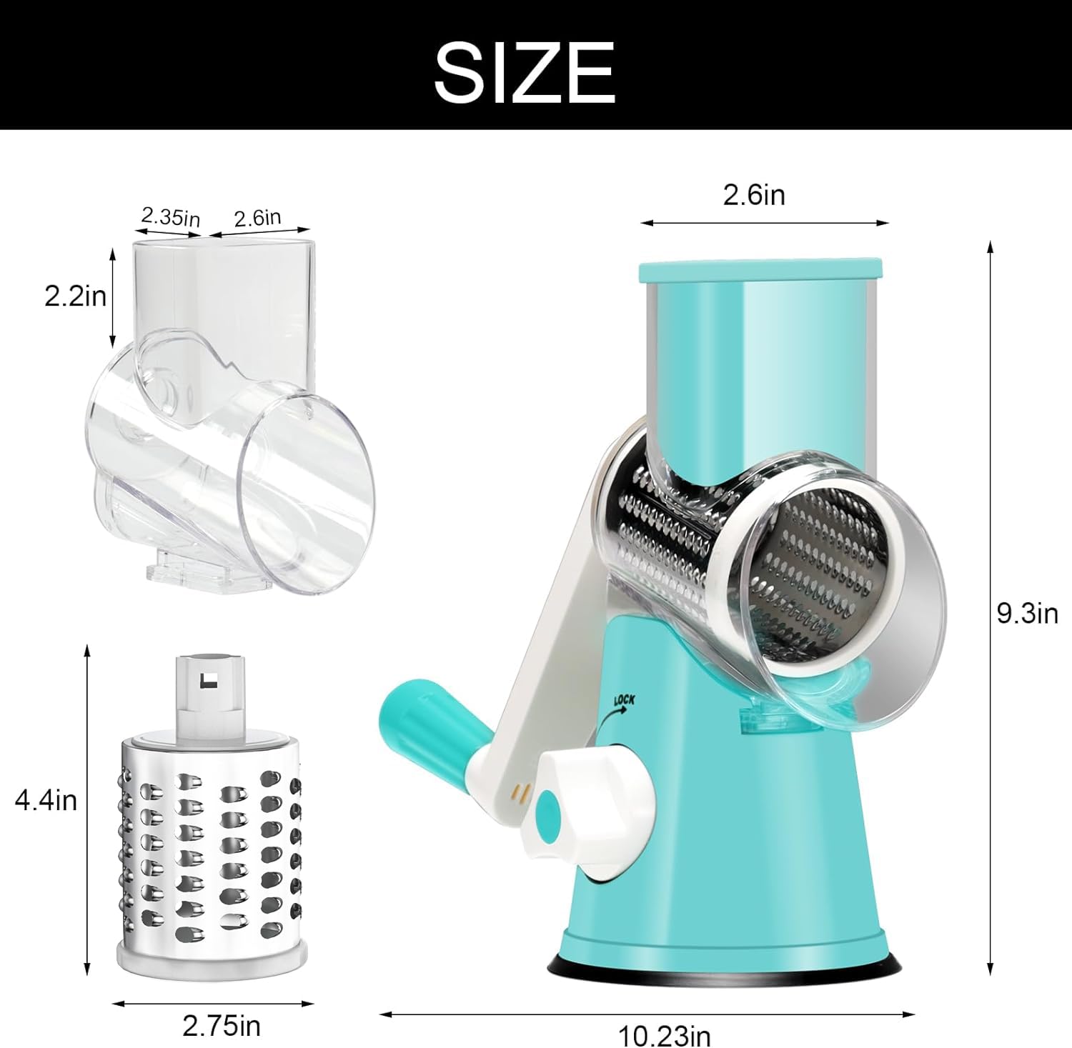 Cambom 5 in 1 Rotary Cheese Grater Hand Crank Cheese Shredder for Fresh Cheese, Vegetable, Nuts,Non-slip Suction Base, Black