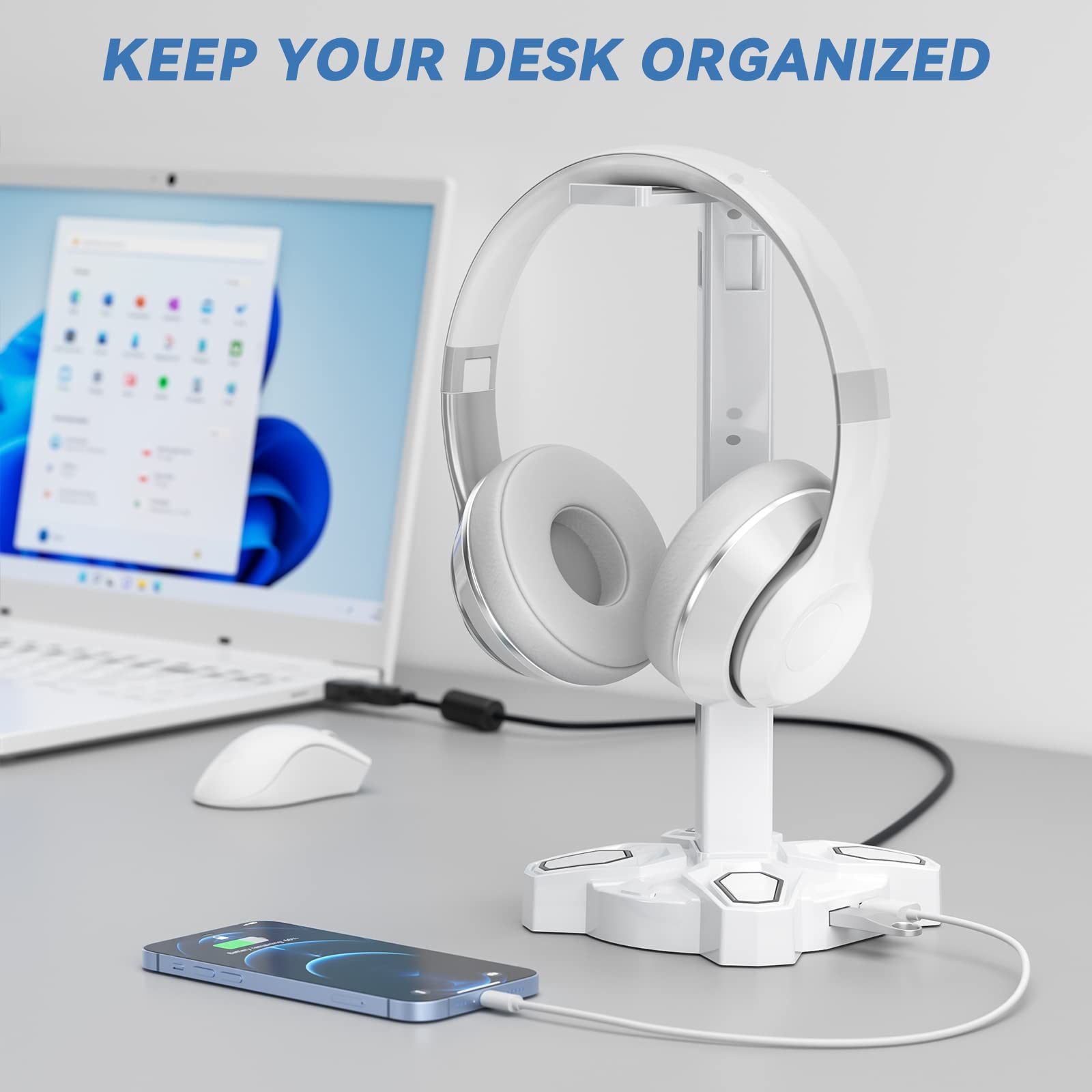 KDD Gaming Headphones Stand, Rotatable Headset Stand with Light Modes - Controller Holder with 2 USB Charging Ports and 3.5mm - Earphone Hanger Accessories for Desktop Gamer(Black)
