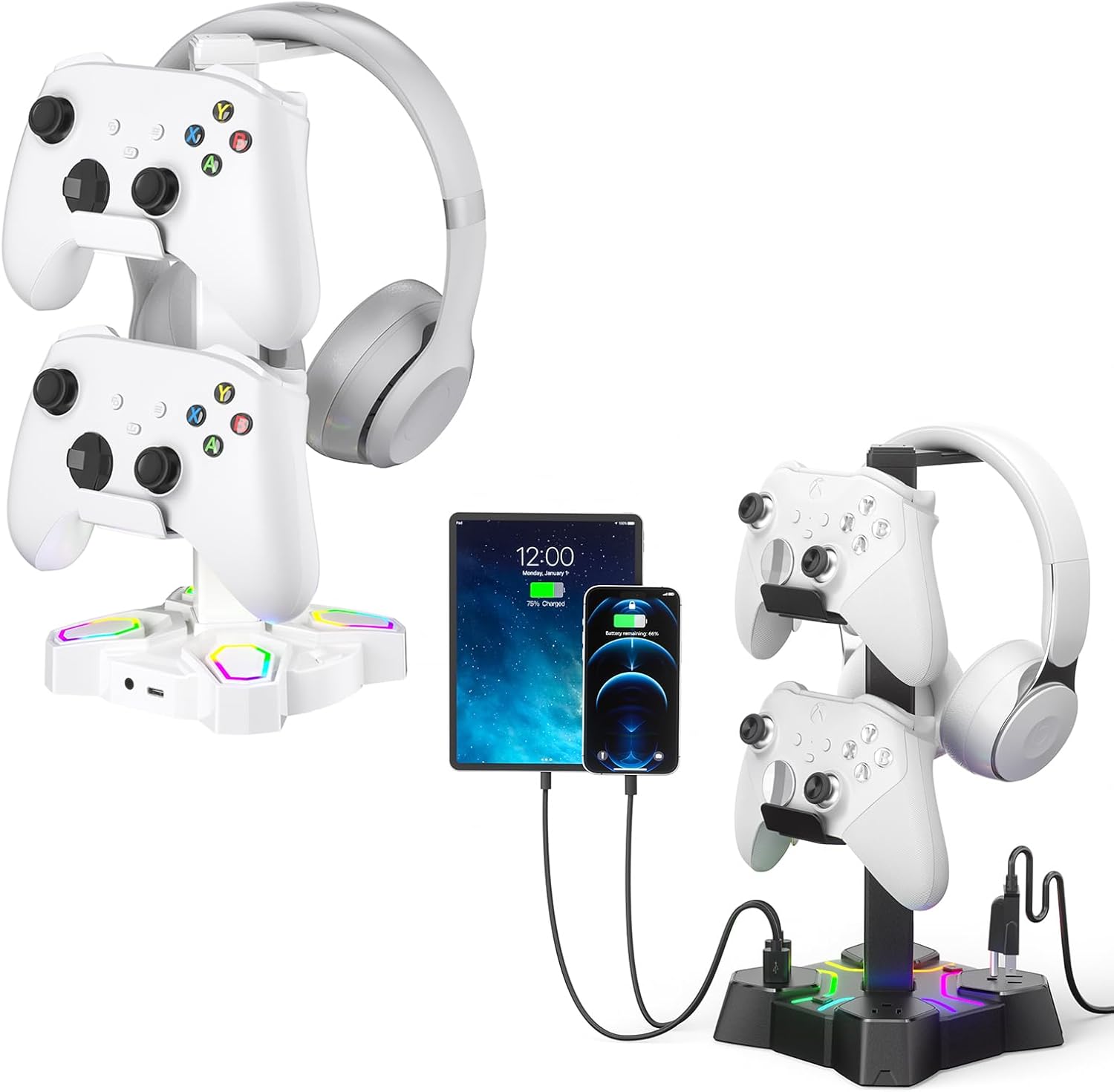 KDD Gaming RGB Headphones Stand & RGB Headphone Stand with USB Charger - Rotatable Headset Stand with 9 Light Modes - Headphone Holder with 2 USB Charging Ports and 3 AC Outlets