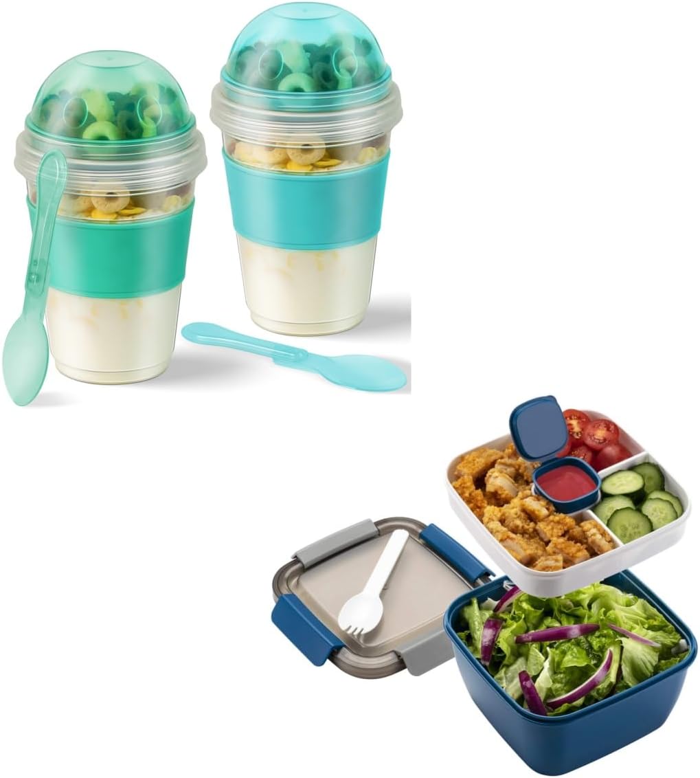 Freshmage Salad Lunch Container To Go and 2 Pack 20 oz Reusable Overnight Oats Containers with Lids