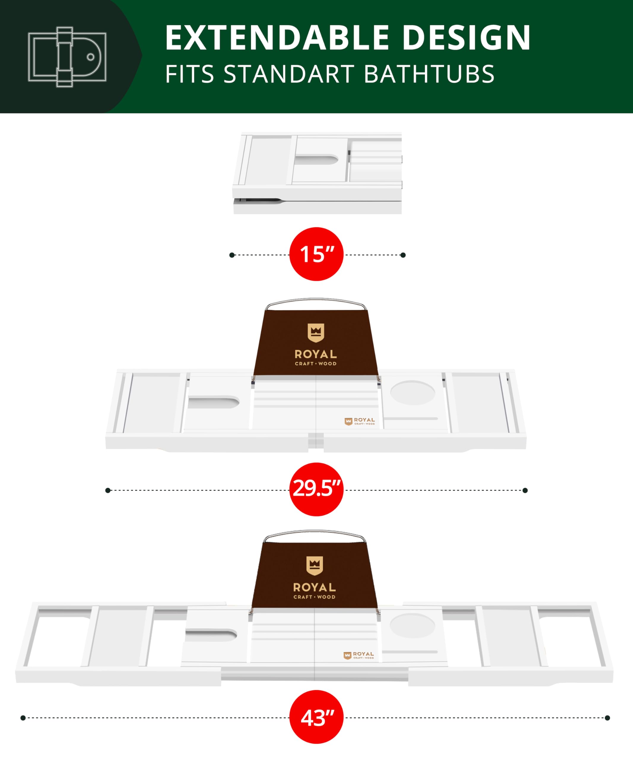 ROYAL CRAFT WOOD Premium Foldable Bathtub Tray Caddy - Wood Bath Tray for Tub, Bamboo Shelf, Expandable Bath Table Trays, Bathtub & Bathroom Accessories for New Home & Mothers, Birthday Gifts for Mom