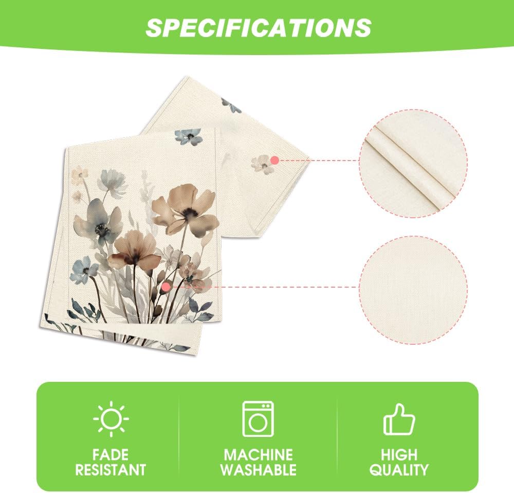 Artoid Mode Brown Poppy Floral Leaves Spring Table Runner, Seasonal Summer Kitchen Dining Table Decoration for Home Party Decor 13x72 Inch