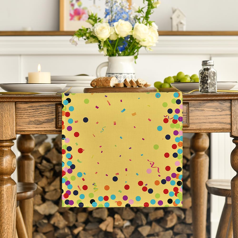 Artoid Mode Polka Dot Beige Happy Birthday Table Runner, Seasonal Kitchen Dining Table Decoration for Home Party Decor 13x72 Inch