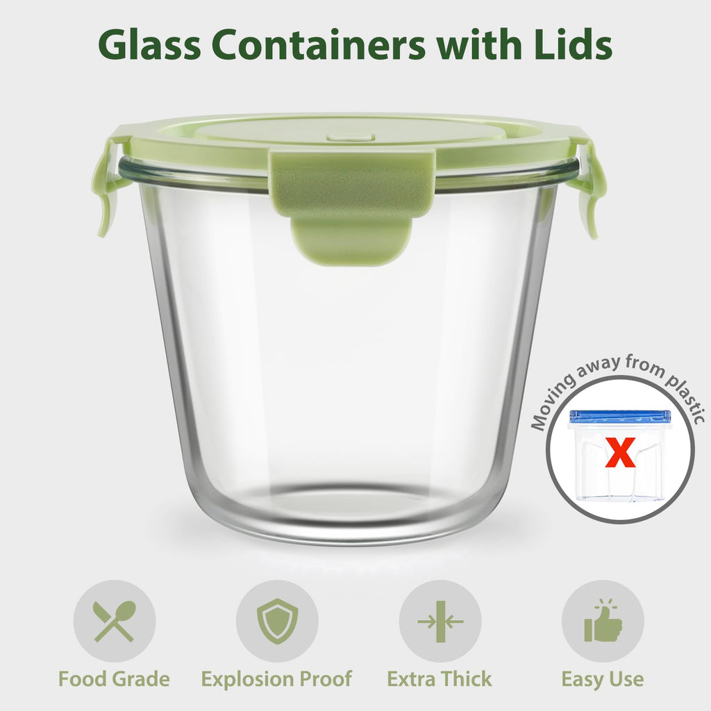 16oz Glass Meal Prep Containers, Airtight 2 Cup Glass Storage Containers with Lids, Heat-Resistant BPA-Free Borosilicate Glass Soup Container for Leftover, Microwave, Dishwasher&Freezer Safe (4 Packs)