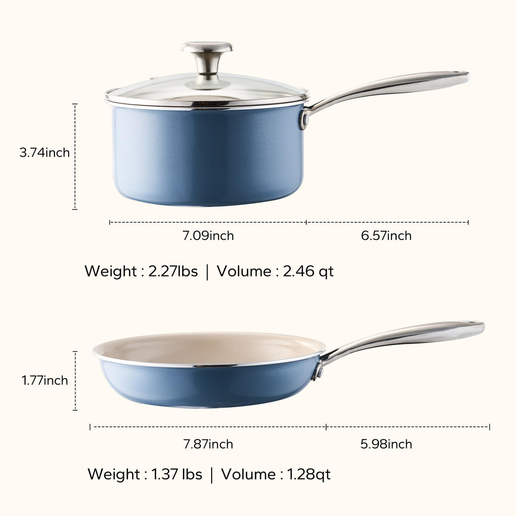 Redchef Sauce Pan & Frying Pan Set, 8" Ceramic Nonstick Fryingpan & 2.5Qt Saucepan with Lid, Mini Cookware Set, Induction Compatible, Nontoxic PTFE PFOA Free, Oven & Dishwasher Safe, Beige