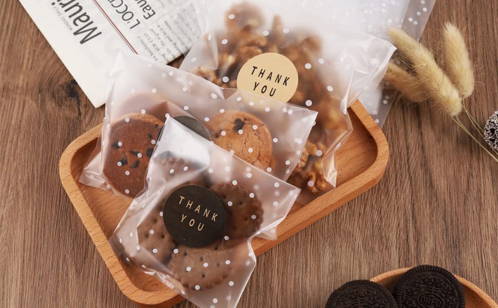 100PACK Self Sealing Cellophane Bags Clear Cookie Treat Bags Thank You for Gift Giving Candy with Stickers(White Polka Dot, 4x4 INCH)