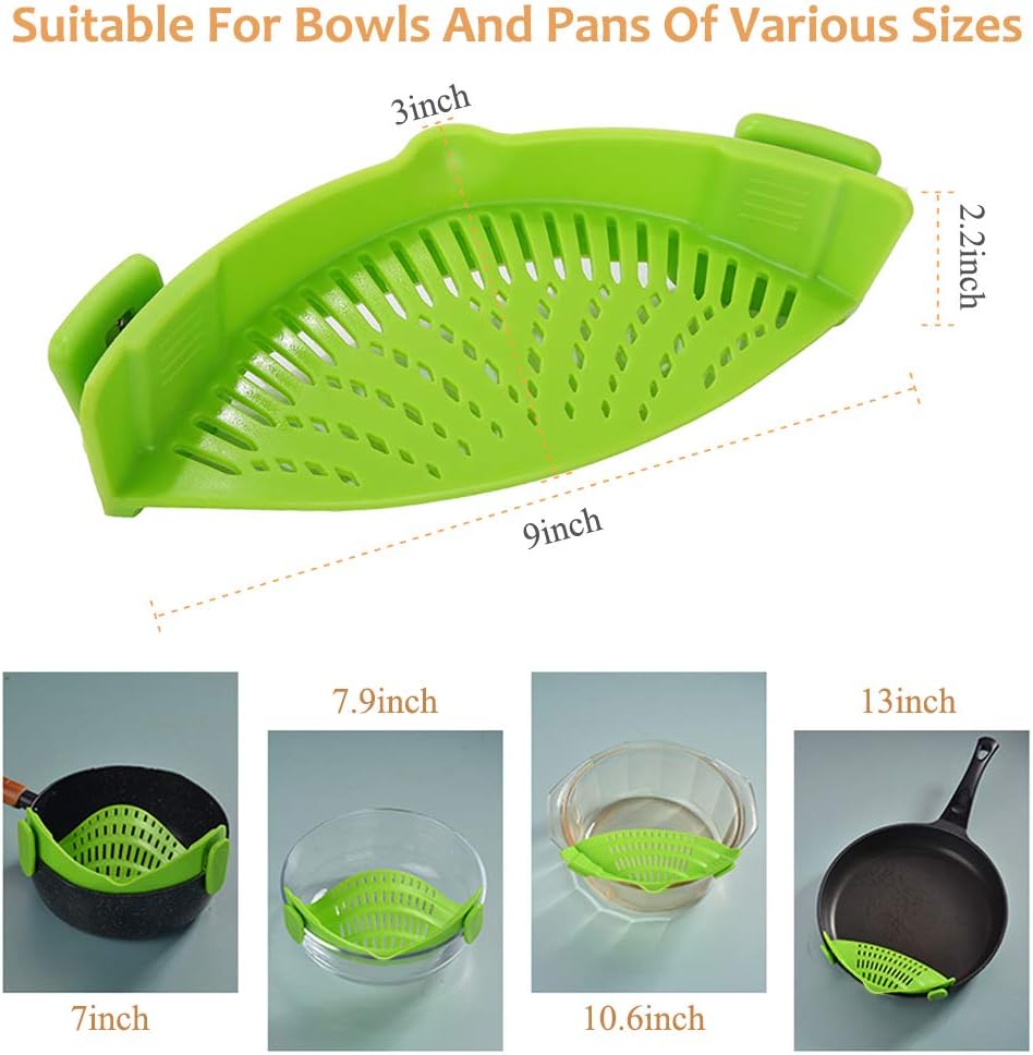 YEVIOR Clip on Strainer for Pots Pan Pasta,Silicone Food Pan Strainer | Food-grade BPA-free,Kitchen Food Strainer for Spaghetti, Pasta,Vegetable Fruits Fits All Bowls and Pots (Green)