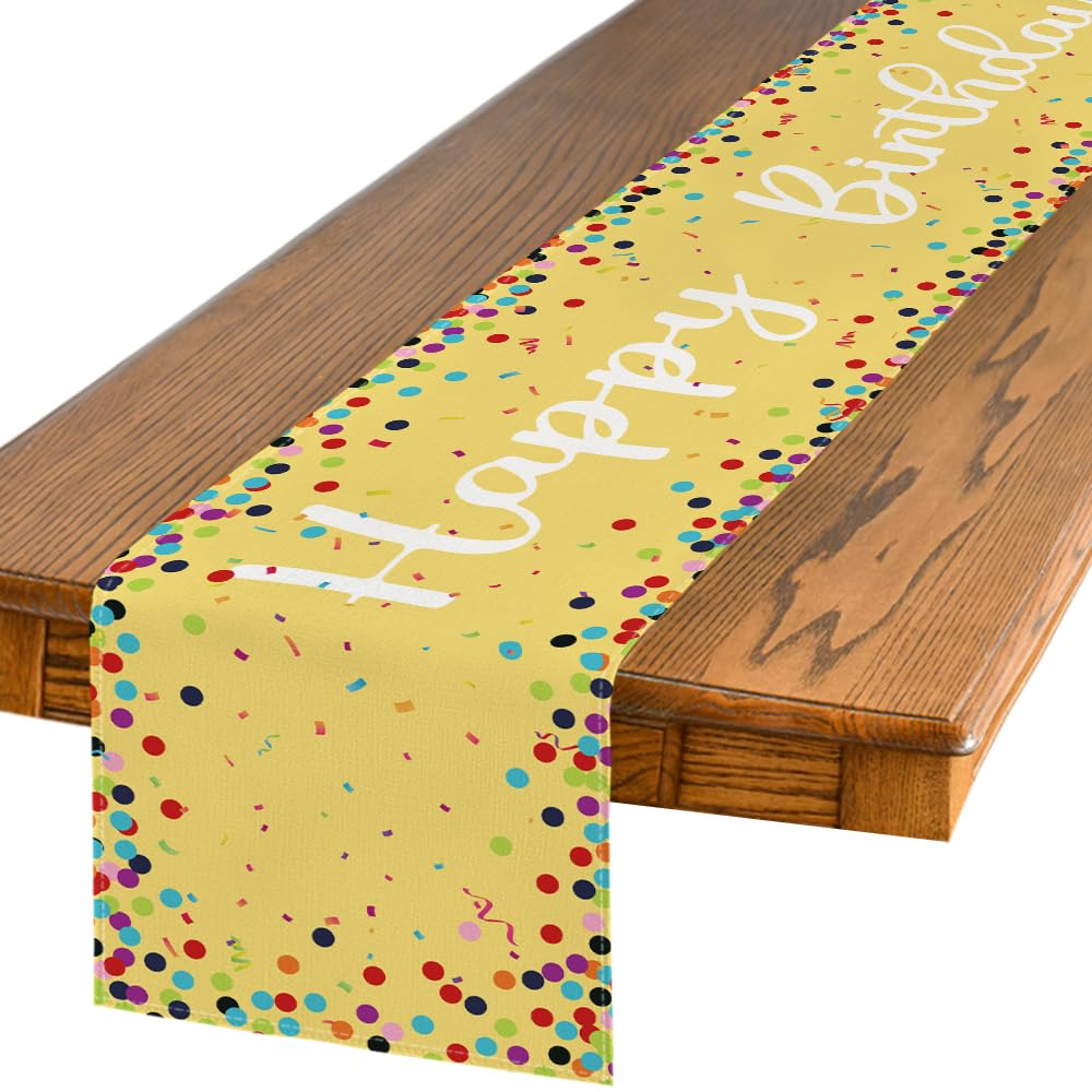 Artoid Mode Polka Dot Beige Happy Birthday Table Runner, Seasonal Kitchen Dining Table Decoration for Home Party Decor 13x72 Inch
