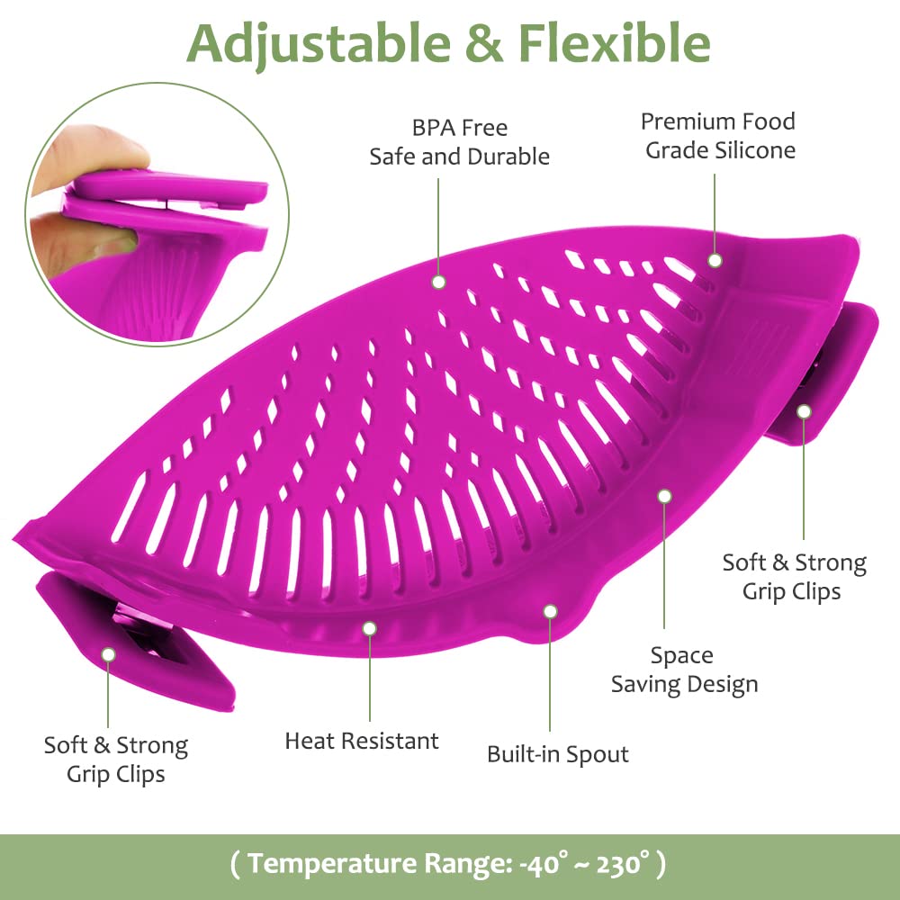 YEVIOR Clip on Strainer for Pots Pan Pasta,Silicone Food Pan Strainer | Food-grade BPA-free,Kitchen Food Strainer for Spaghetti, Pasta,Vegetable Fruits Fits All Bowls and Pots (Green)