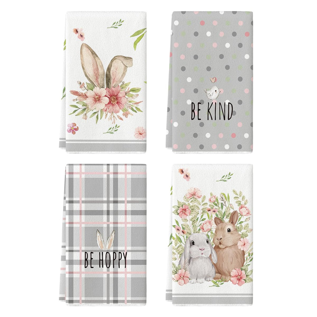 Artoid Mode Pink Bunny Rabbit Ears Floral Leaves Easter Kitchen Towels Dish Towels, 18x26 Inch Be Kind Seasonal Decoration Hand Towels Set of 4