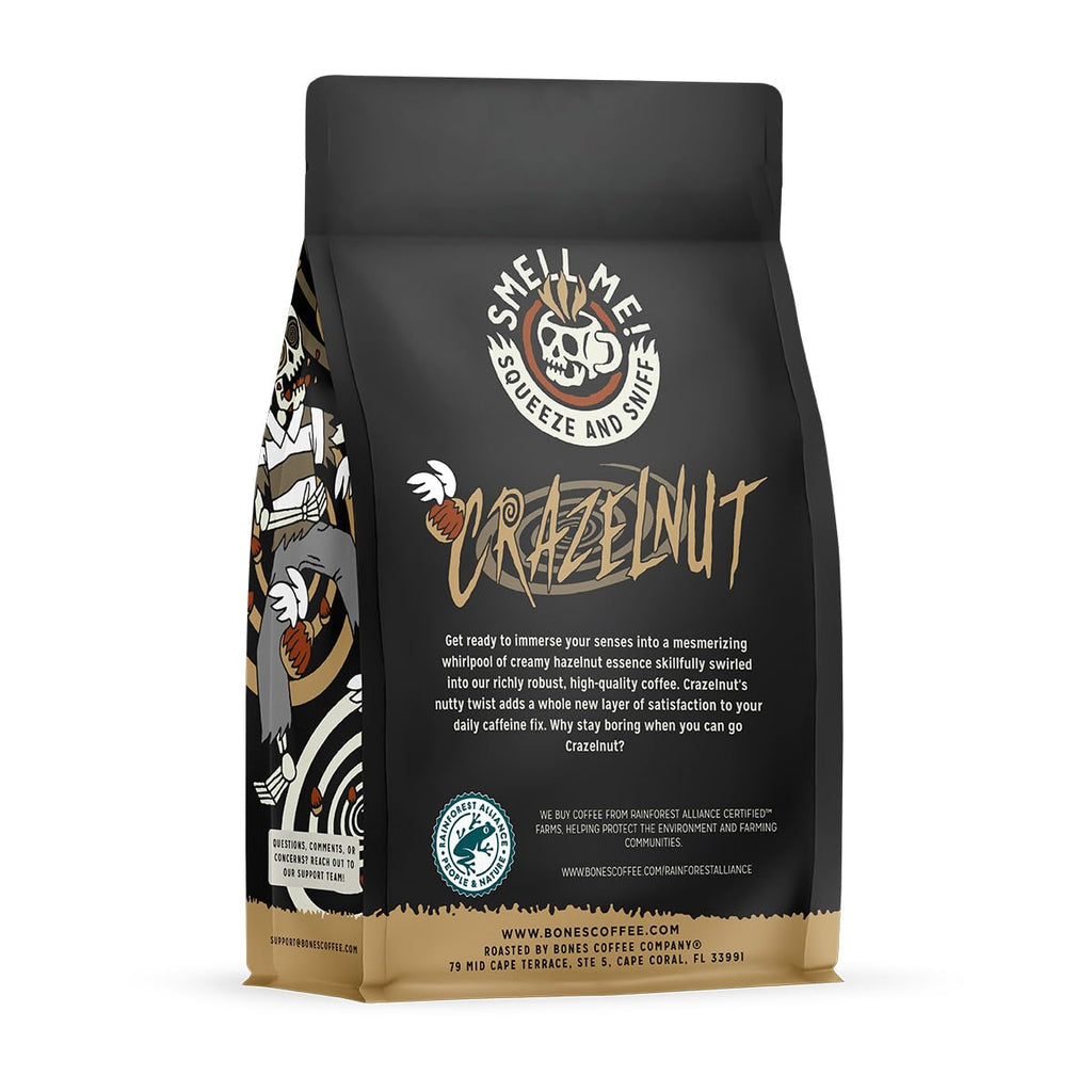 Bones Coffee Company Cinnamon Roll Flavored Coffee, Medium Roast Low Acid Arabica Beans Compatible with Auto drip and French Press Coffee Maker, 12 Oz Whole Bean
